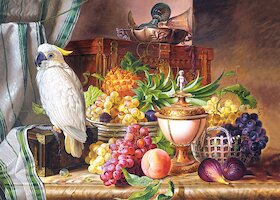 Zátiší s ovocem a papouškem kakadu