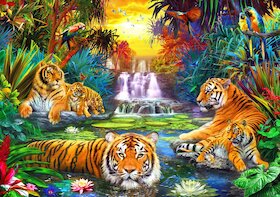Tygří rodina u jezírka v džungli