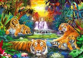Tygří rodina u jezírka v džungli
