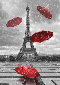 Eiffelova věž s létajícími deštníky